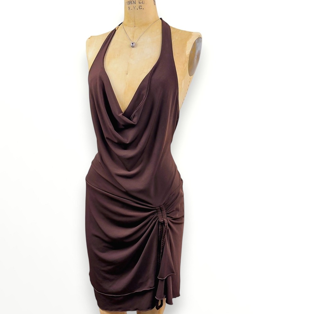 Y2K Cowl Neck Halter Dress Ruched Side Slinky Whimsygoth Party Brown Size XL